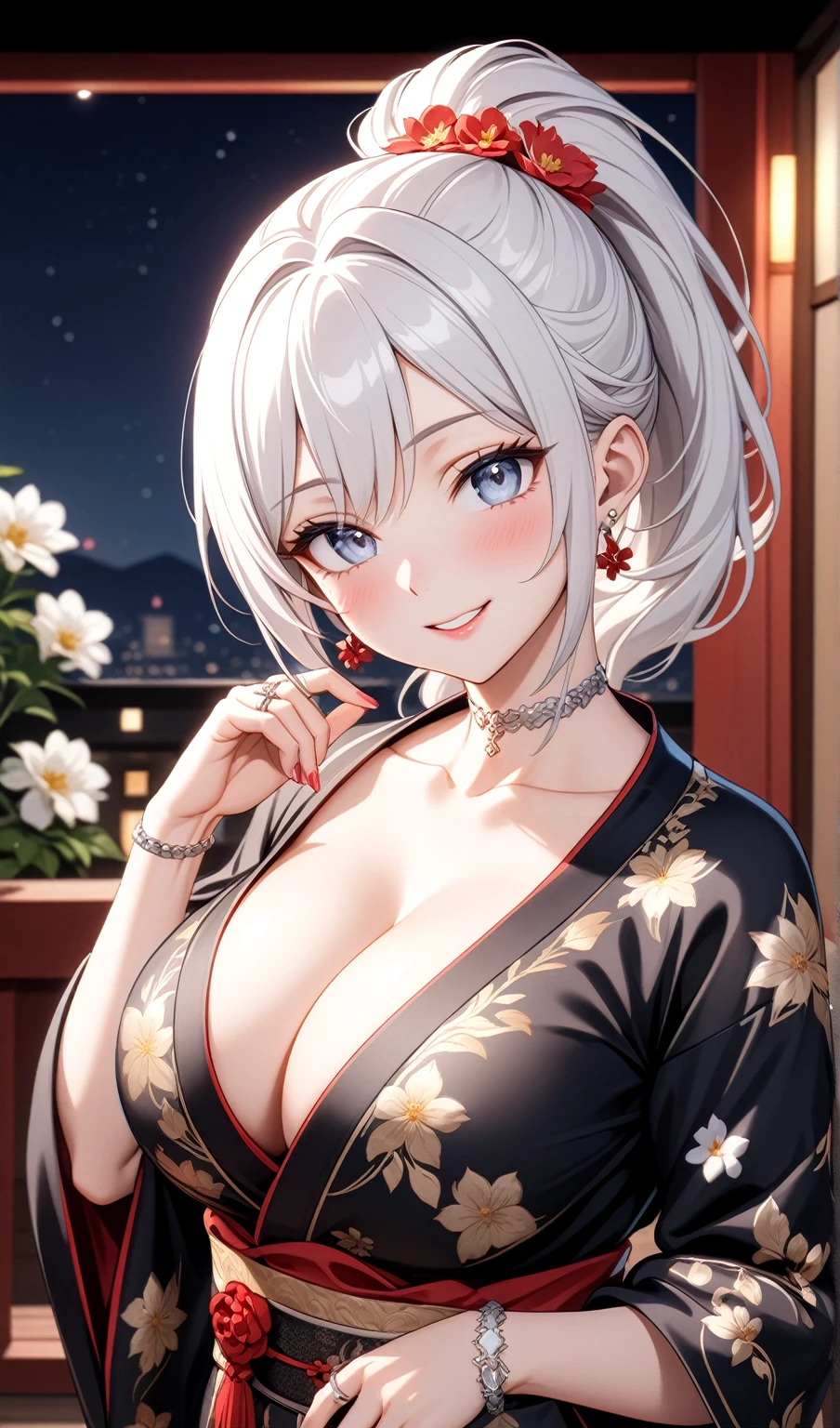 ((One personの女性)), Beautiful Face, (Laughing embarrassedly), (seductive smile:1.4), ((Wink:1.9)), (head tilt:1.3), Laugh with your mouth wide open, upper teeth, looking at viewer, ((Bright red cheeks:1.4)),Glossy Red Lips,Night view, High veranda, firework, Glossy red lips, Shining Face, ((Anime style background)),masterpiece, Highest quality, so beautiful,up to date, Complex details, (Pink long nails),(ring),(bracelet),(Floral choker),AI-generated, Complex,High resolution, Highest quality, super high quality,3D Images、3D Images,One person,Long white hair,High Ponytail, Anime woman posing for a photo,(blue eyes), ((Fine grain、Silvery white, lightly pigmented eyes、Shining Eyes:1.3)), (Squint your eyes:1.1),a hyperRealistic , hyperRealistic , Realistic,Anime woman with long white hair, Smooth anime CG art, A woman in a colorful kimono with gold embroidery, ((Black long sleeve kimono)),Red floral pattern,Long flower hair ornament,Earrings,Mature Body,(Big Breasts:1.1),Tall,Abdominal muscles,Tight waist, (face focus), (looking away), (from behind),