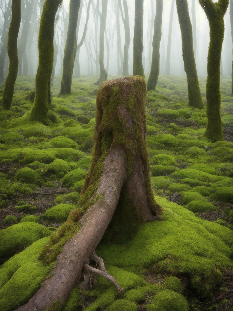 arafed tree trunk in a field with moss and grass, in a foggy mossy forest, moss covered, overgrown with moss, mossy, covered in moss, beautiful ancient forest, ancient forest like fanal forest, moss landscape, mossy overgrowth, moss and vegetation, beautiful and mysterious, an old elven wood, beautiful misty wood