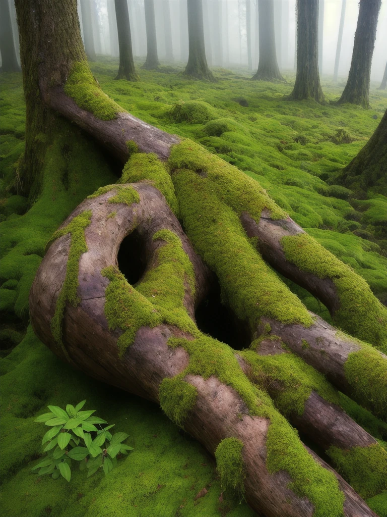 arafed tree trunk in a field with moss and grass, in a foggy mossy forest, moss covered, overgrown with moss, mossy, covered in moss, beautiful ancient forest, ancient forest like fanal forest, moss landscape, mossy overgrowth, moss and vegetation, beautiful and mysterious, an old elven wood, beautiful misty wood