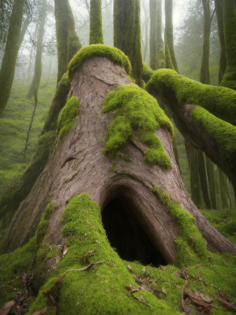 arafed tree trunk in a field with moss and grass, in a foggy mossy forest, moss covered, overgrown with moss, mossy, covered in moss, beautiful ancient forest, ancient forest like fanal forest, moss landscape, mossy overgrowth, moss and vegetation, beautiful and mysterious, an old elven wood, beautiful misty wood
