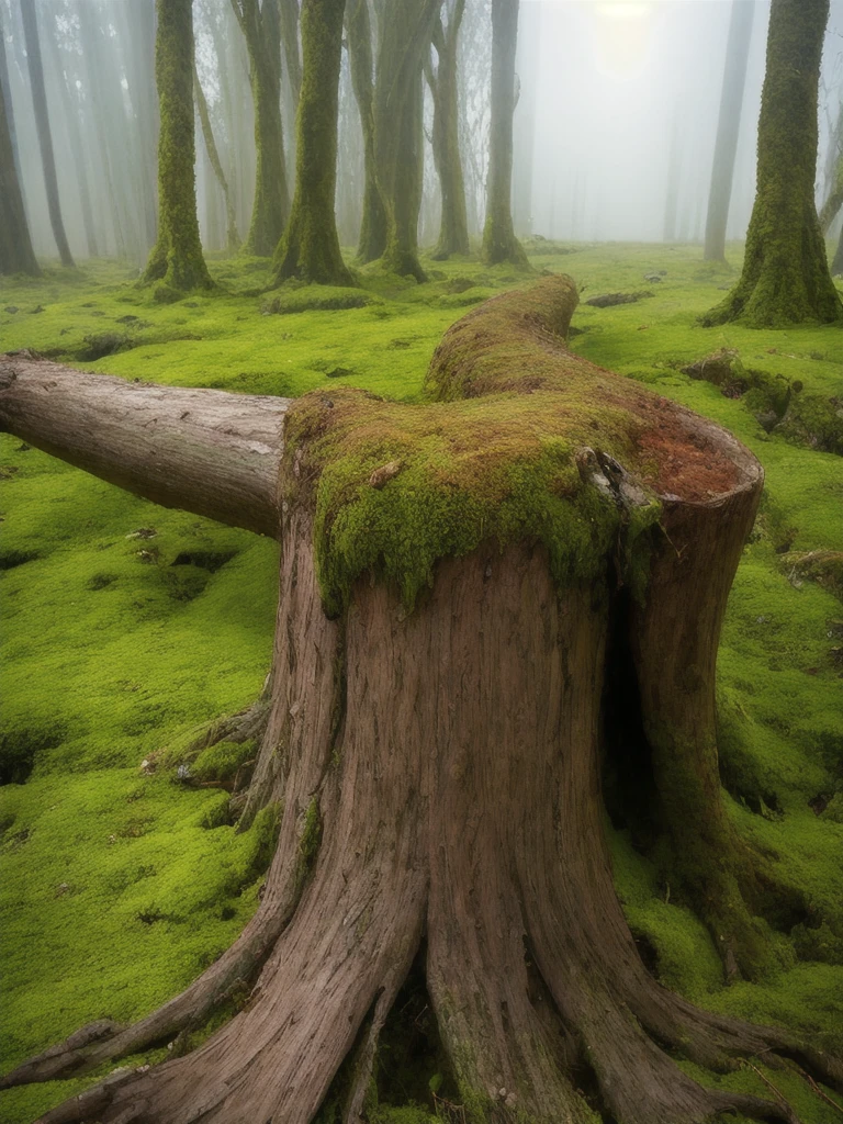 arafed tree trunk in a field with moss and grass, in a foggy mossy forest, moss covered, overgrown with moss, mossy, covered in moss, beautiful ancient forest, ancient forest like fanal forest, moss landscape, mossy overgrowth, moss and vegetation, beautiful and mysterious, an old elven wood, beautiful misty wood