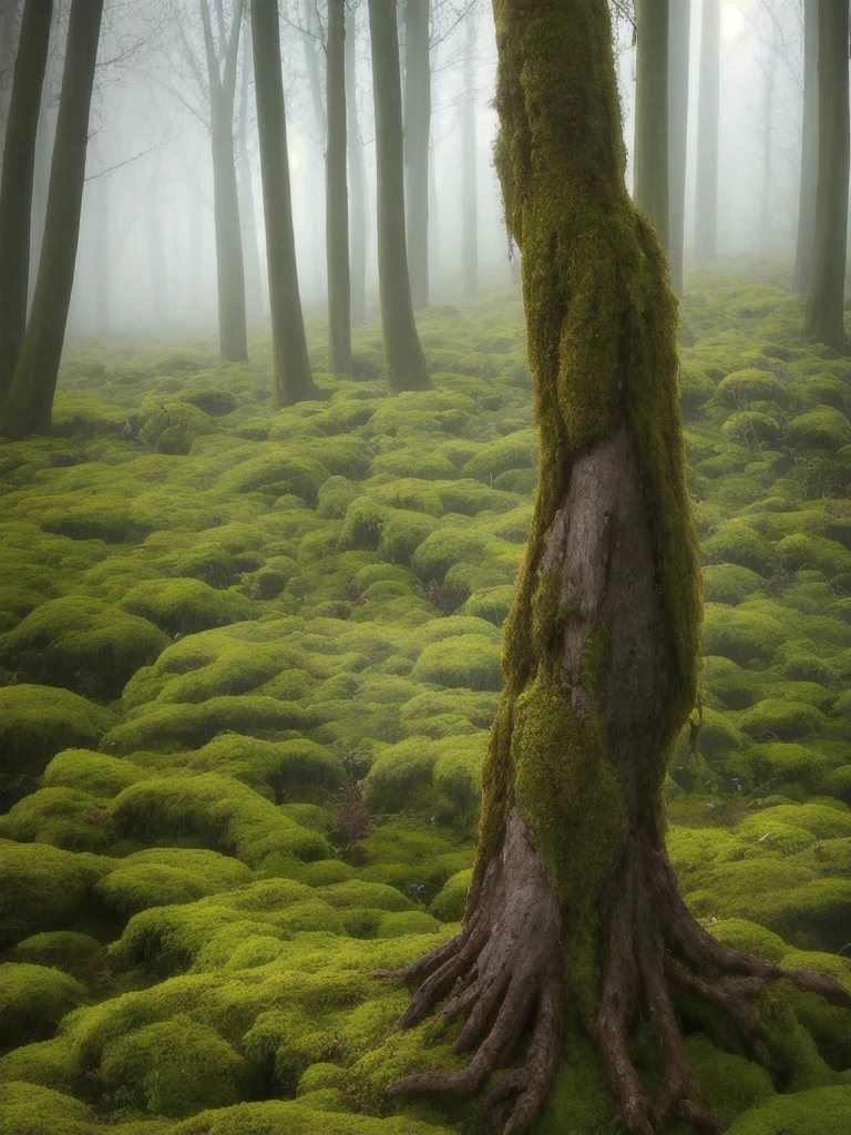 arafed tree trunk in a field with moss and grass, a matte painting by Jonathan Solter, flickr, land art, in a foggy mossy forest, moss covered, overgrown with moss, mossy, covered in moss, beautiful ancient forest, ancient forest like fanal forest, moss landscape, mossy overgrowth, moss and vegetation