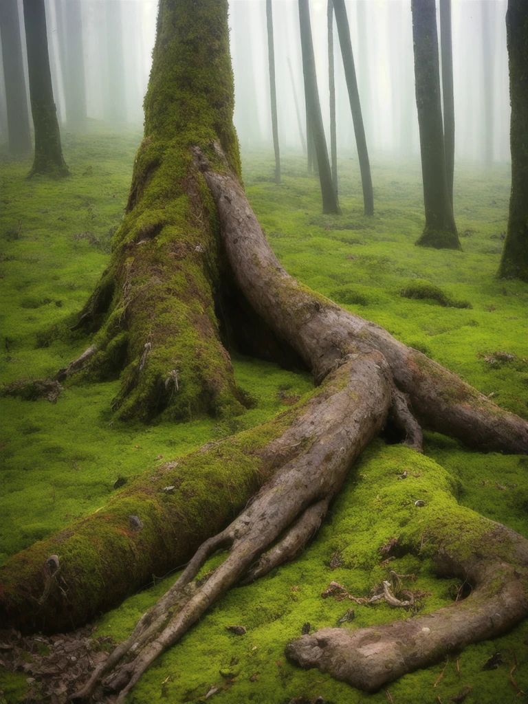 arafed tree trunk in a field with moss and grass, in a foggy mossy forest, moss covered, overgrown with moss, mossy, covered in moss, beautiful ancient forest, ancient forest like fanal forest, moss landscape, mossy overgrowth, moss and vegetation, beautiful and mysterious, an old elven wood, beautiful misty wood