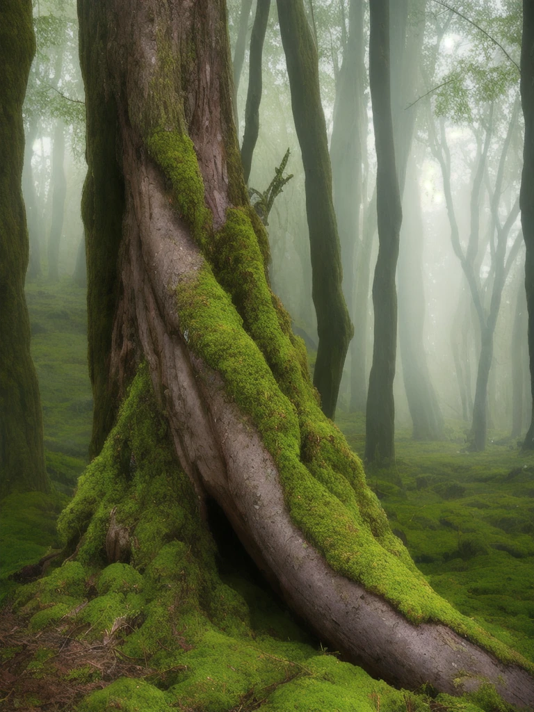 arafed tree trunk in a field with moss and grass, in a foggy mossy forest, moss covered, overgrown with moss, mossy, covered in moss, beautiful ancient forest, ancient forest like fanal forest, moss landscape, mossy overgrowth, moss and vegetation, beautiful and mysterious, an old elven wood, beautiful misty wood