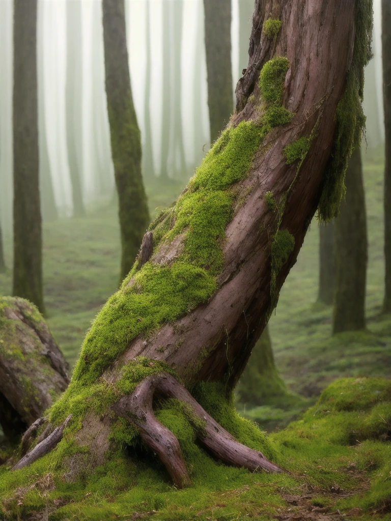 arafed tree trunk in a field with moss and grass, in a foggy mossy forest, moss covered, overgrown with moss, mossy, covered in moss, beautiful ancient forest, ancient forest like fanal forest, moss landscape, mossy overgrowth, moss and vegetation, beautiful and mysterious, an old elven wood, beautiful misty wood