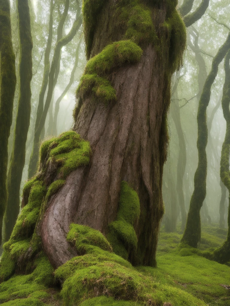 arafed tree trunk in a field with moss and grass, a matte painting by Jonathan Solter, flickr, land art, in a foggy mossy forest, moss covered, overgrown with moss, mossy, covered in moss, beautiful ancient forest, ancient forest like fanal forest, moss landscape, mossy overgrowth, moss and vegetation