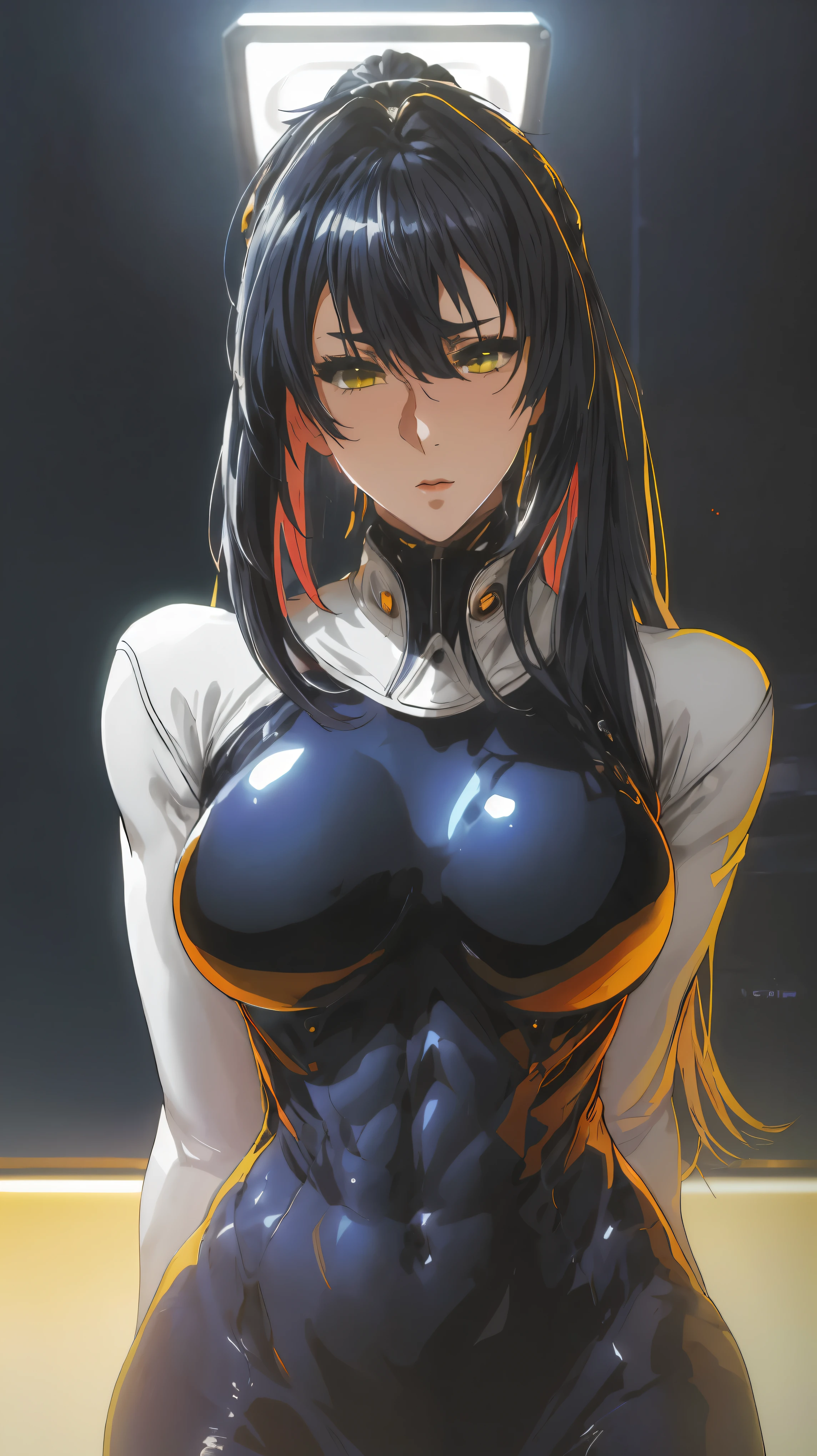 professional artwork, complex parts, field of view, Sharp Focus, Detailed painting, Photorealistic lighting, Trends on Pixiv, standing, white cyberpunk suit, skintight, Side_orgasm, Black hair, very long hair, voluminous hair, high ponytail, Long bangs, Bangs closes his eyes, yellow eyes, draw up, pomade, 20 years, mature woman, Beautiful палец, Beautiful long legs, beautiful body, Beautiful нос, Beautiful character design, perfect detail eyes, идеальное face, I look at the viewer, nsfv, formal art, extremely detailed CG Unity 8k wallpaper, perfect lighting, colorful, bright_FRONT_face_Light masterpiece: 1.0), (Best_Quality: 1.0), сверхa high resolution, Ultra detail, Hyper detail, photographic, 8K, HDR, a high resolution, absurd: 1.2, Kodak Portrait 400, granularity , blurred background, hips: 1.2, highlight correctly_color: 1.2) (Beautiful, big_pectoral muscles: 1.4), (Beautiful_face: 1.5), (narrow_waist), (solo: 1.4), ( (Upper body, half of the body:1,4) ), sort, Blushing shyly, I look at the viewer, Hands folded under the chest,