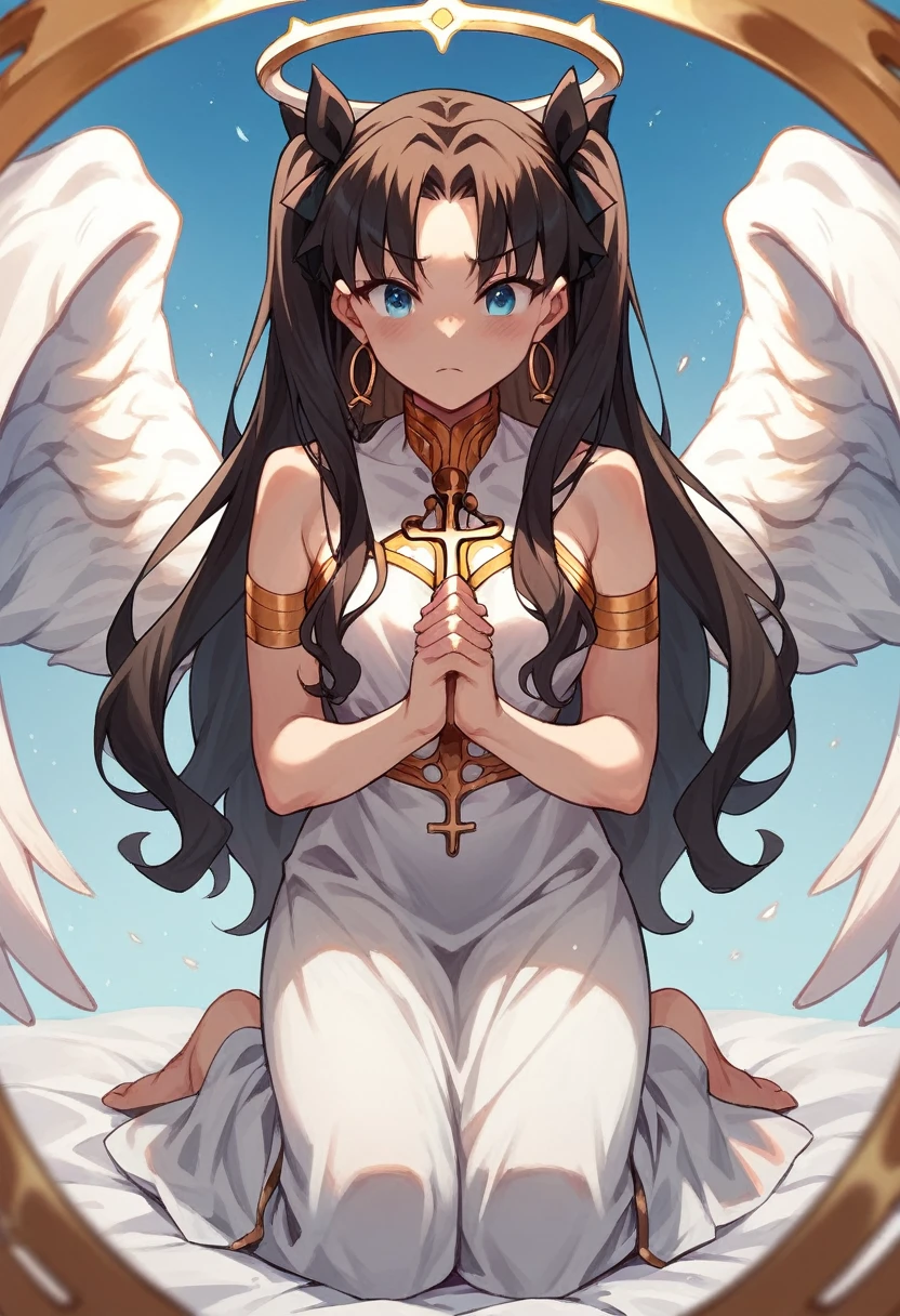 pov, Angel, praying, (Tohsaka Rin), (cosplay angel),extremly detailed face,full body , fullbody,blue sky,golden aura , halo