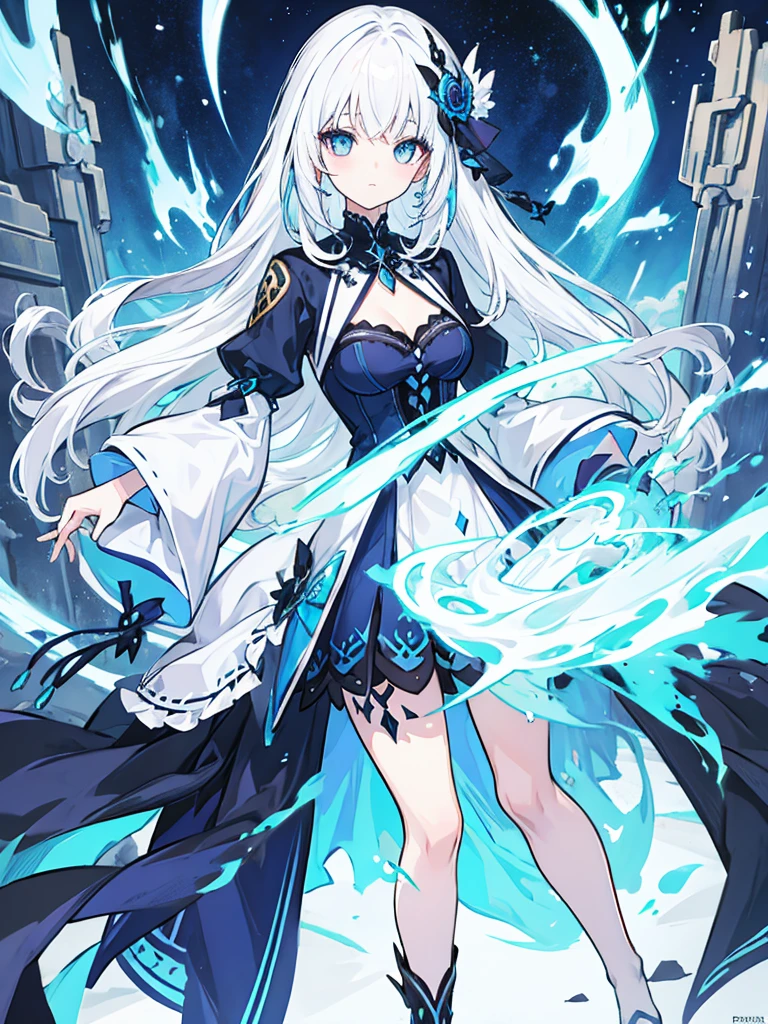 fantasy world girl with colorful hair, accessories, detailed clothes, white hair, dark blue eyes, blue and black clothes