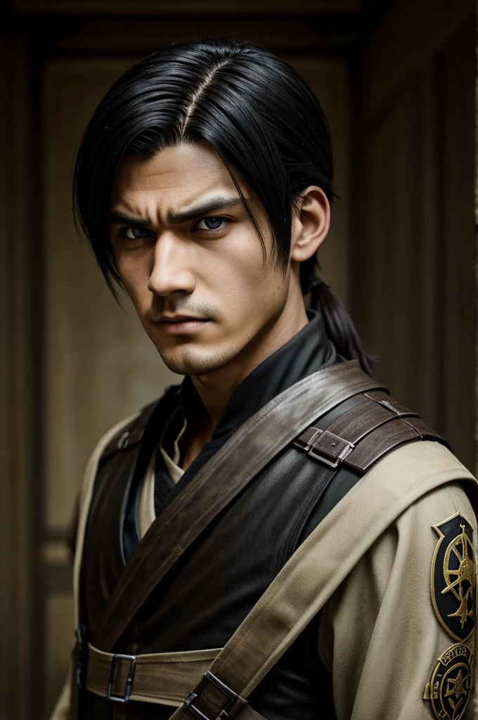 man, you look pale, big brown eyes with a scar on the left eye, mullet hairstyle, black hair, reconnaissance legion costume, estilo shingeki no kyojin