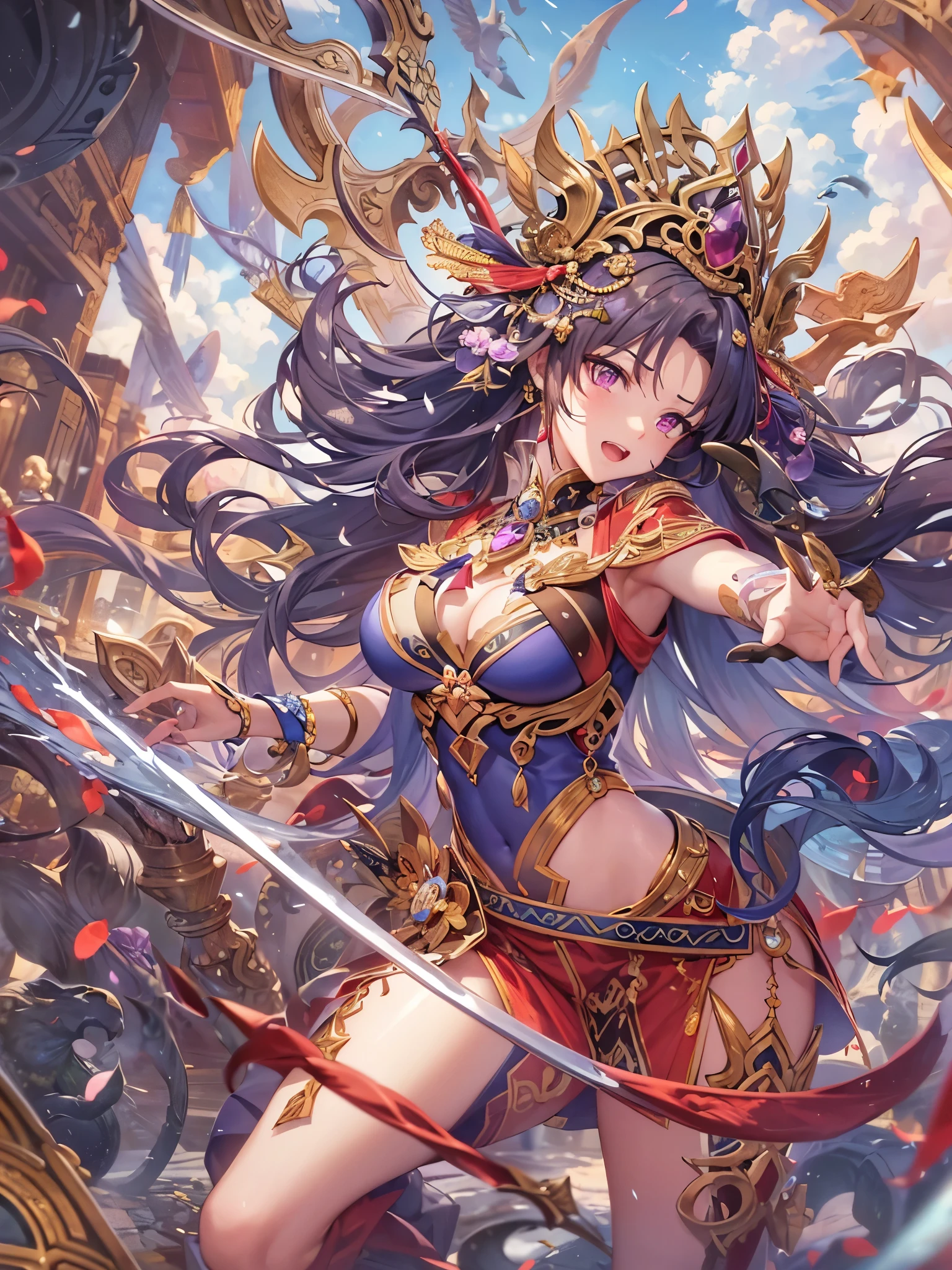 ((Highest quality)),(Ultra-high resolution),(Ultra-detailed new),(Detailed Description),((The best CG)),(masterpiece),Highly detailed art,A wonderful new art form,(Art with precise details:1.5), (War Goddess:1.3),(Frenzy Dance:1.3),sword,gun,Hoko,Bow and Arrow,snake,eagle,lion, Crushing, blasting, Flow, impact, sapphire,Ruby,Emerald,opal,amethyst