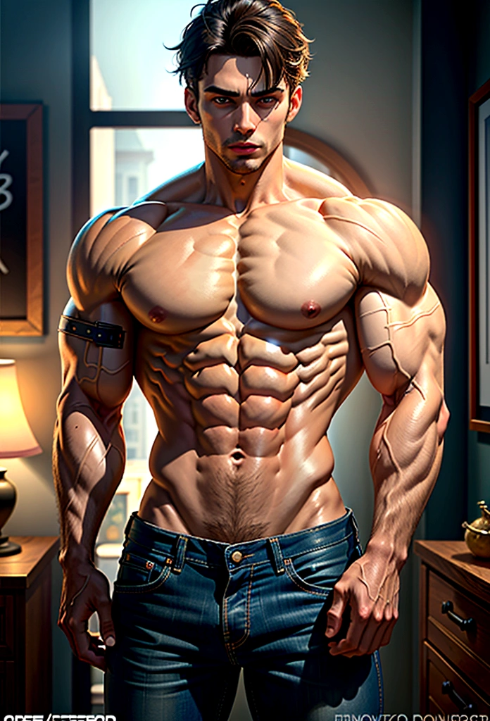 open shirt to his six packs muscular woman, young, 22 years old, sexy, realistic, masterpiece, intricate details, detailed background, depth of field, cinematic, pectorals, abs, , open shirt, dramatic lighting, in bedroom, window, volumetric light, poster art photography