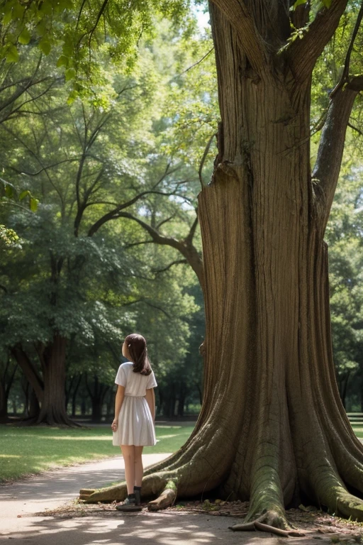 a girl looking at an old thick trunked oak tree