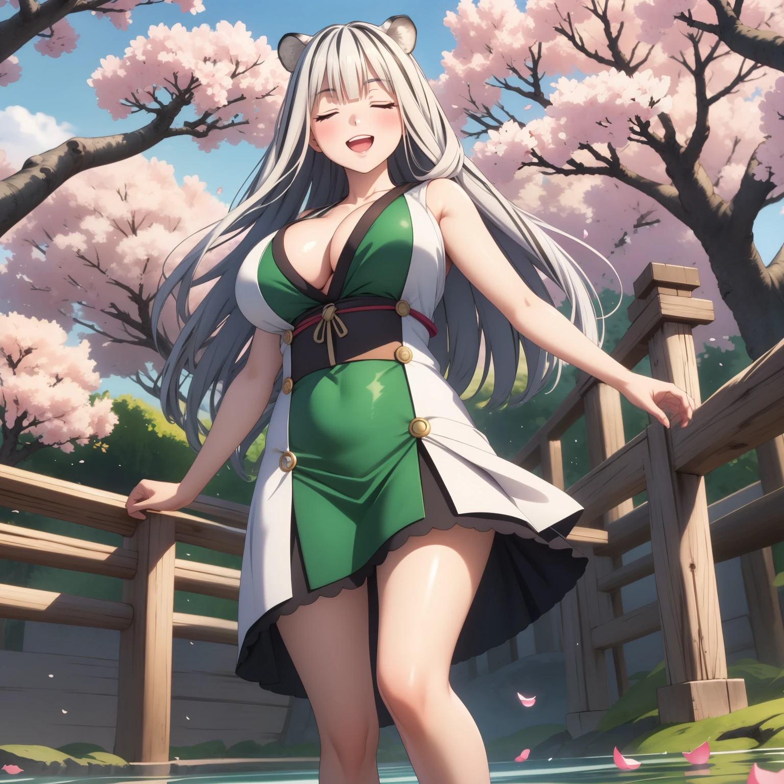 Atlas Fayon woman 40 years, white hair with black stripes ,white tiger ears, closed eyes, mujer ciega con closed eyes, explorer costume, low-cut green leather dress, bare legs,  , huge breasts,, background of a Japanese garden cherry trees, petals falling, happy smile, floating hair.