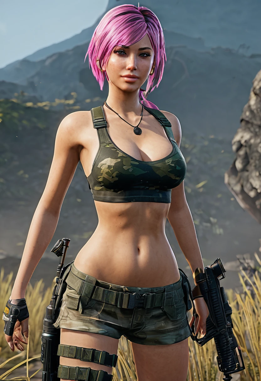 Beautiful girl characters in pubg games Wear a micro bikini Broad hips The chest swells wide. deep rift Stunning curves. Sexy must survive from an army of male aliens on a deserted island. The details are very complicated. Playing up the light too much.