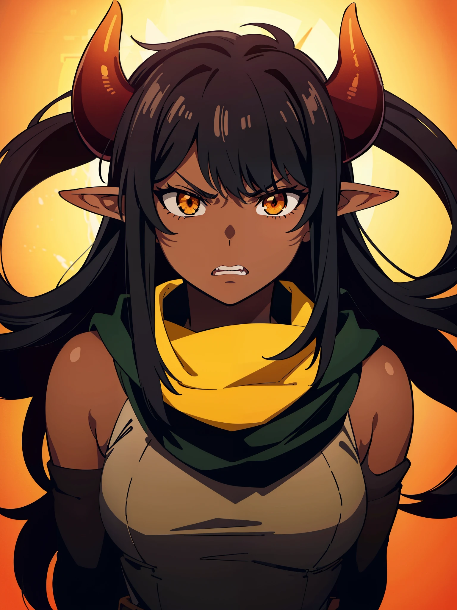 1girl ,25s,adult,angry face,long hair, black hair,horns,elf ears,orange eyes,((black scarf)),((dark skin)),angry,portrait,