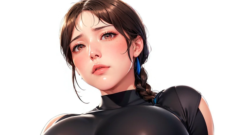(((Perfect body,White and tender skin,(((Black yujiasuit, yoga pants, yoga long sleeves))),(((brown eyes, braid, long hair, braided ponytail, single braid, hair over shoulder, bangs, blush, lips))),((masterpiece)),highres,((Best quality at best)),masterpiece,quality,Best quality,((( Exquisite facial features,Looking at the audience,There is light in the eyes,(((frown,blush)))Kneeling on the ground,From the back,Plump buttocks,))),(((Light and shadow,Huge breasts,))),(((Looking at the camera,White background))))