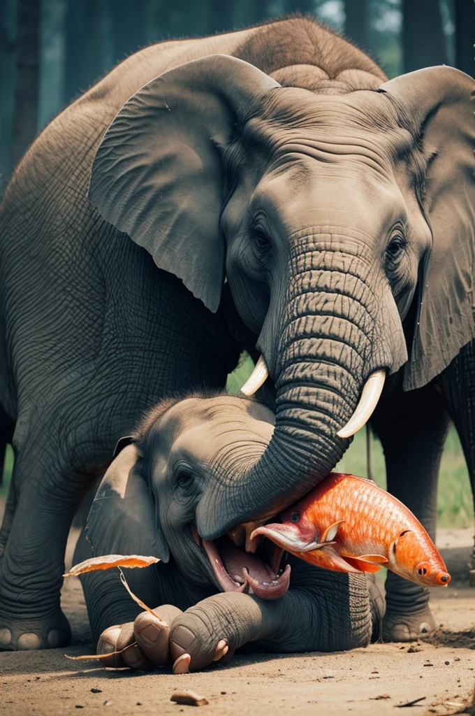 Elephant eating fish