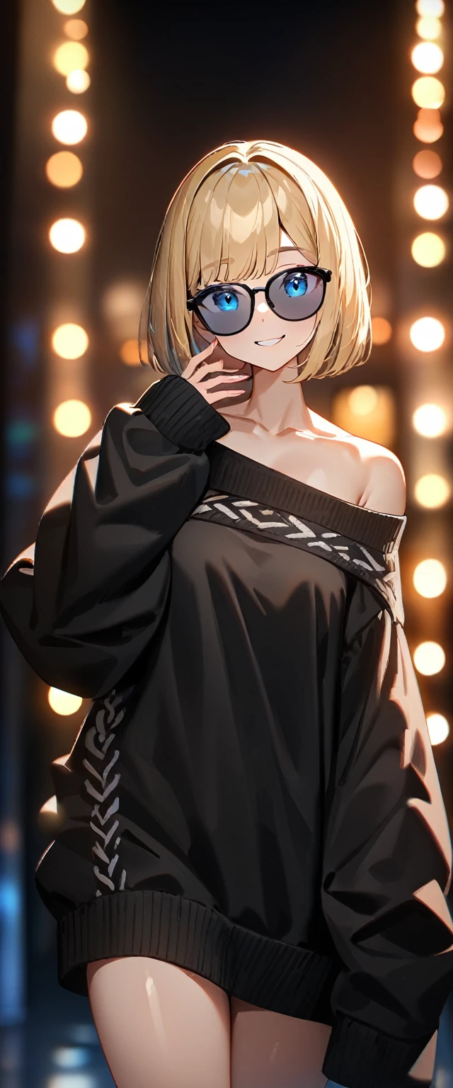 (((One girl))), blond hair, ((sunglasses, hand to sunglasses)), ((bob cut:1.3)), breasts, cleavage, (cowboy shot), standard body, (looking at viewer), oversized clothes, puffy long sleeves, collarbone, ((off-shoulder knit sweater dress:1.3, Quite thick shoulder straps)), (((sleeves past wrists:1.3))), ((black sweater)), ager, head tilt:1.3, (((blue eye))), ((happy smile)), (((anime style))), (best quality, 4k, 8k, highres, masterpiece:1.2, ultra-detailed, ultra-detailed eyes, HDR, UHD, studio lighting, ultra-fine painting, sharp focus, physically-based rendering, extreme detail description, professional, vivid colors, bokeh), ((Highest quality, Best image quality, Ultra-high resolution, Ultra-high resolution, solo, Strong eye highlights)), Depth of written boundary, Natural soft light, attractive, Beautiful Face, Cleanliness, Pure Face, nedium chest, Beautiful Face, Perfect Fingers, Perfect hands, Perfect body, Perfect Face, Shine a light into your eyes, Perfect Anatomy