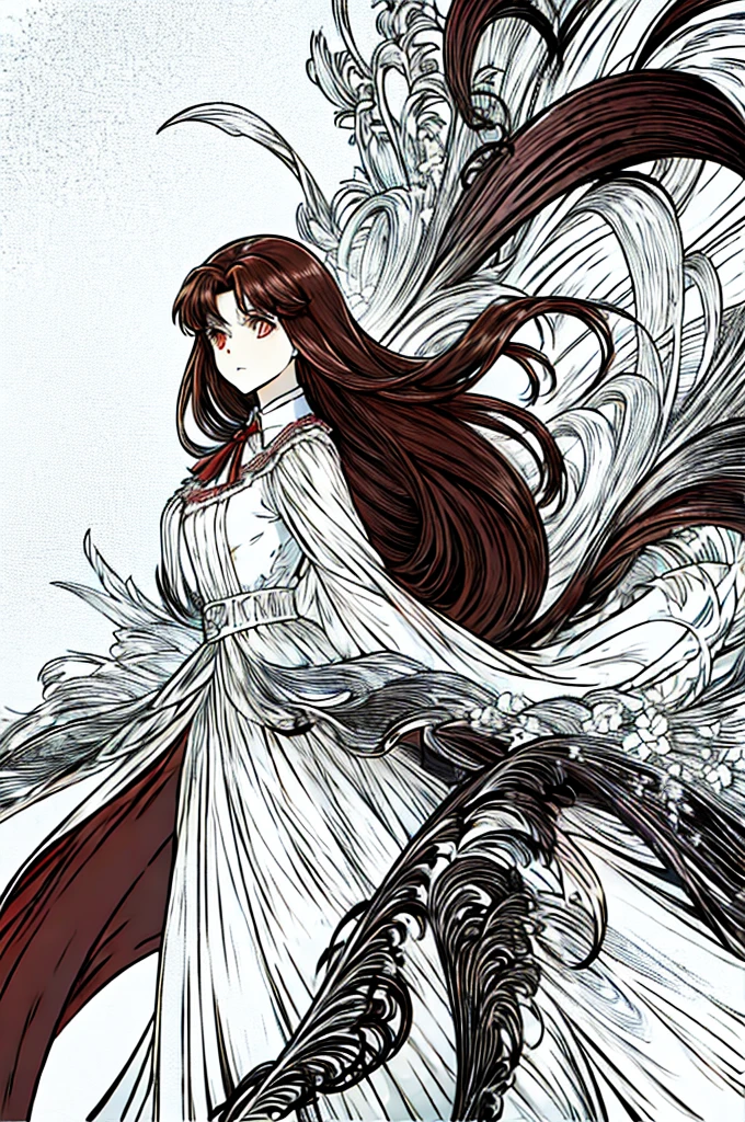 make a well-dressed character with red and scarlet eyes and beautiful brown hair and well-dressed (anime styling)