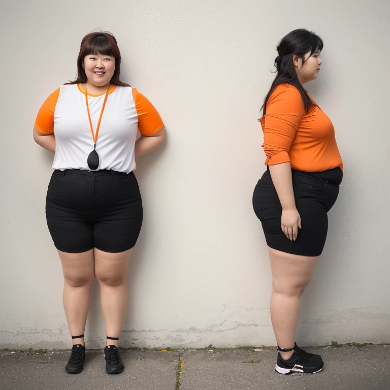 Araped woman wearing an orange shirt standing next to another woman wearing black shorts, Full body wide shot, full body photo, full body photo, Short and sturdy woman, The picture is large, fat ), full body photo, full body photo, full body image, overweight, full body shot, fat 여자, Overall - body and head view, an fat
