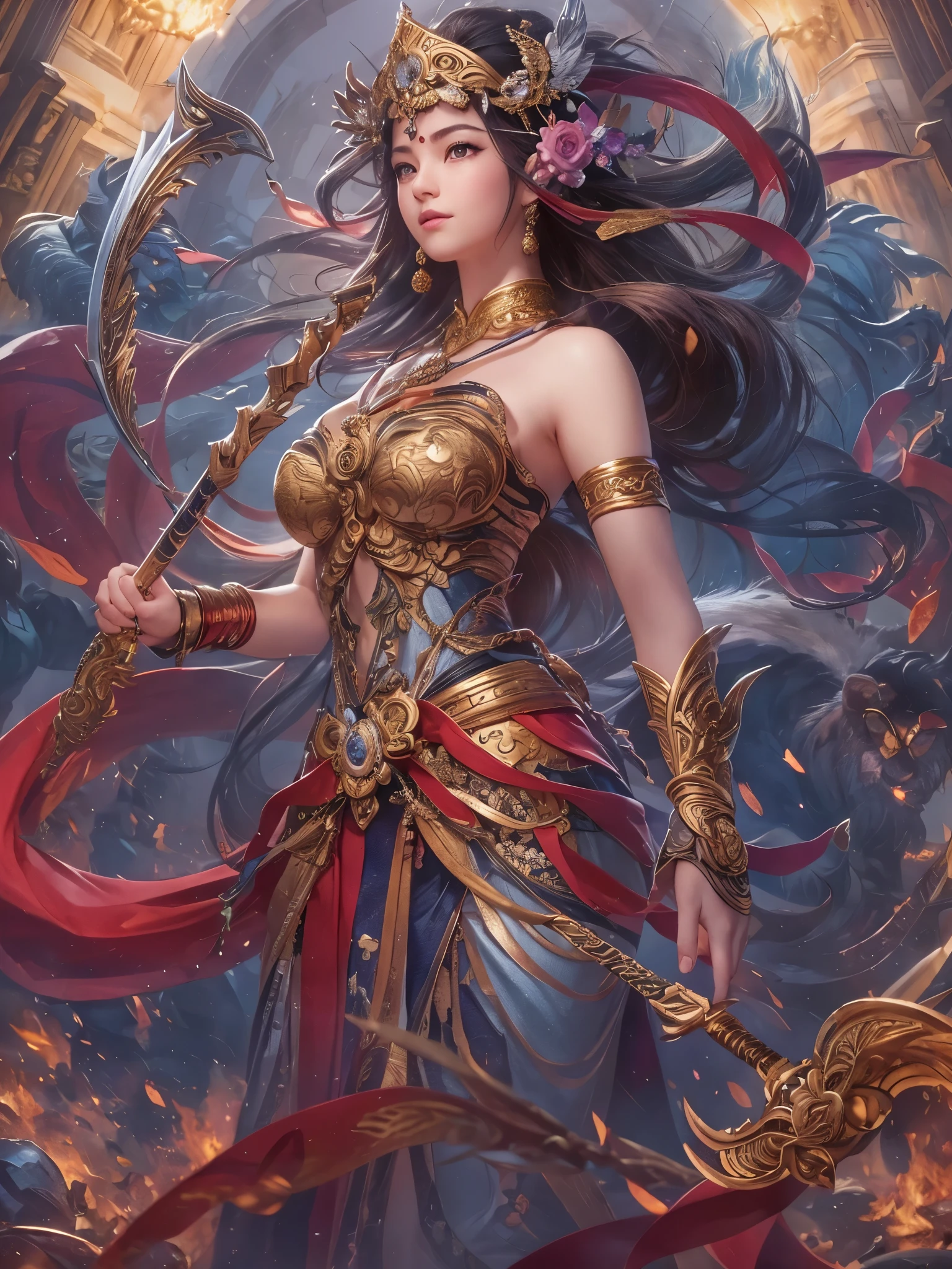 ((Highest quality)),(Ultra-high resolution),(Ultra-detailed new),(Detailed Description),((The best CG)),(masterpiece),Highly detailed art,A wonderful new art form,(Art with precise details:1.5), (War Goddess:1.3),(Frenzy Dance:1.3),sword,gun,Hoko,Bow and Arrow,snake,eagle,lion, Crushing, blasting, Flow, impact, sapphire,Ruby,Emerald,opal,amethyst