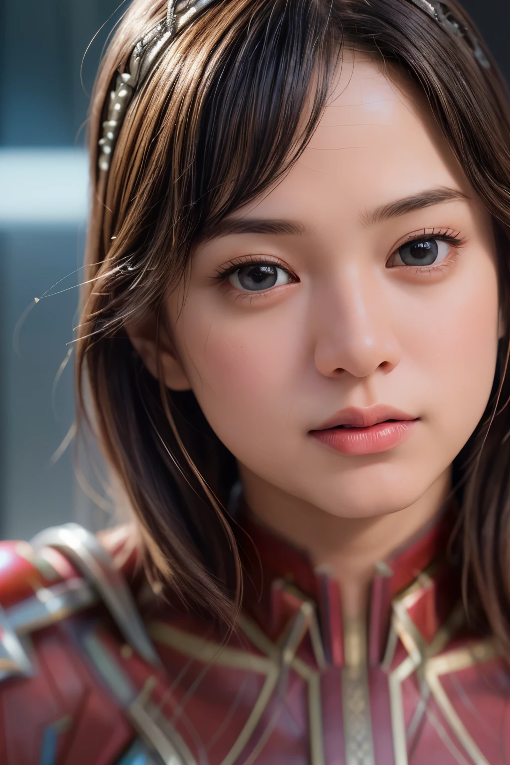 Top Quality, Masterpiece, Ultra High Resolution, (Photorealistic: 1.4), Raw Photo, 1 Girl, Glossy Skin, (((Ultra Realistic Details)), Portrait, Global Illumination, Shadows, Octane Rendering, 8K, Ultra Sharp, Intricate Ornaments Details, realistic skin, sweat effect, very intricate detail, realistic light, CGSoation trend, brown eyes, glowing eyes, captain marvel