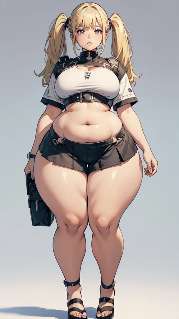 blank background, (((full body))), (masterpiece), ((best quality)), flat chest, blunt bangs, short twintail, (wide hips:1.6), (thick thighs:1.4), (very short skirt), sandals, belt below navel, fanny packs, blonde