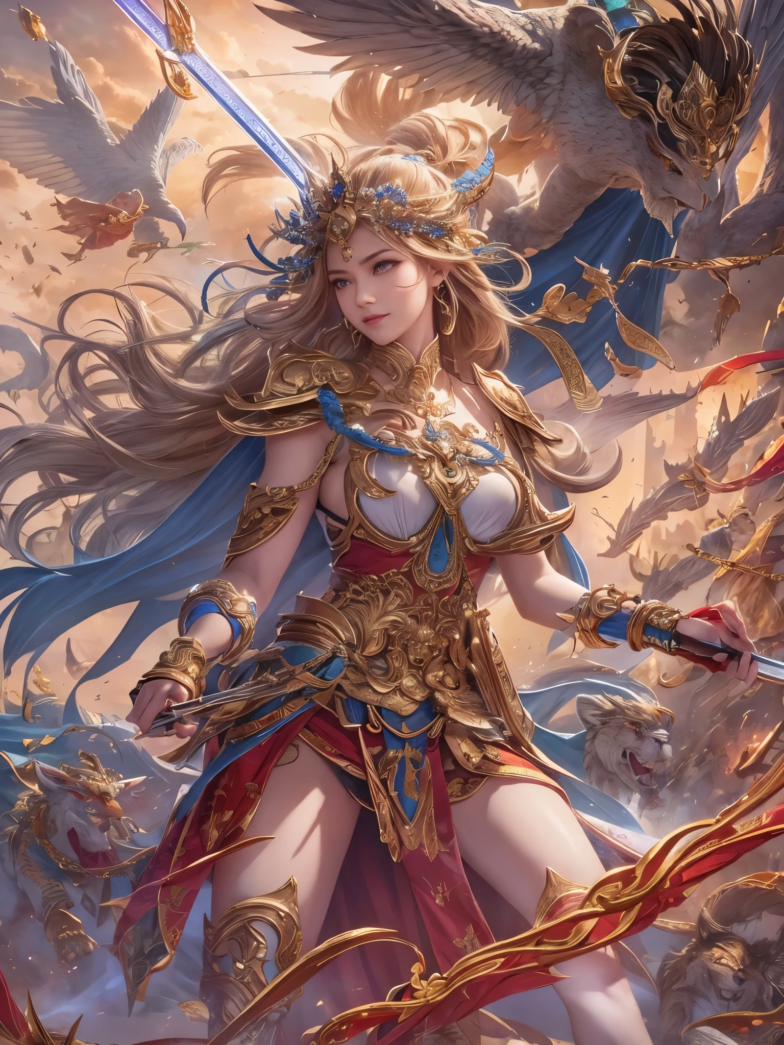 ((Highest quality)),(Ultra-high resolution),(Ultra-detailed new),(Detailed Description),((The best CG)),(masterpiece),Highly detailed art,A wonderful new art form,(Art with precise details:1.5), (War Goddess:1.3),(Frenzy Dance:1.3),sword,gun,Hoko,Bow and Arrow,snake,eagle,lion, Crushing, blasting, Flow, impact, sapphire,Ruby,Emerald,opal,amethyst