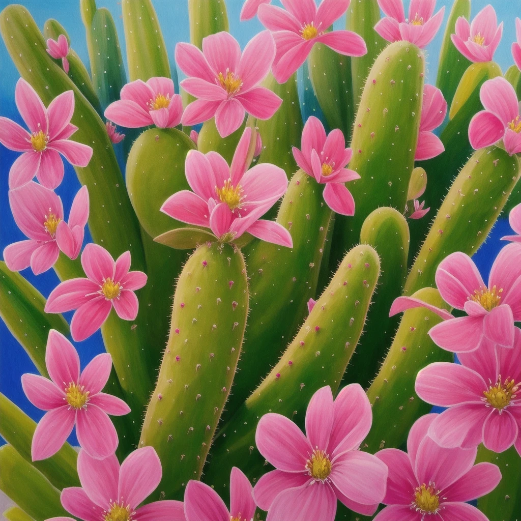 a painting of a cactus plant with pink flowers in the desert, cactus and flowers, beautiful detail and color, beautiful vibrant colors, ✏️🎨, beautiful!!!!!!!!!, 🌺 cgsociety, beautiful painting of a tall, beautiful colorful, beautiful and colorful, cactus, full of colors and rich detail, by Rodolfo Morales, beautiful hyperdetailed, beautiful detail
