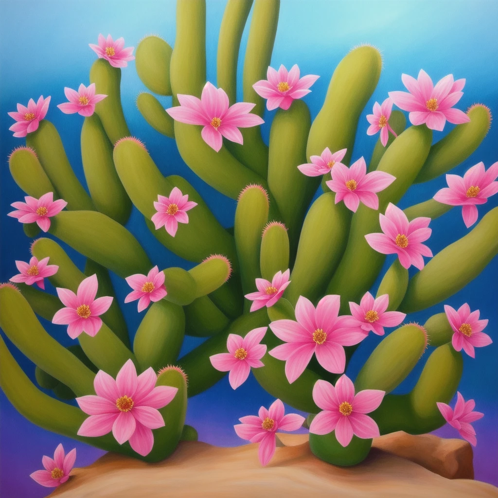 a painting of a cactus plant with pink flowers in the desert, an airbrush painting by Rodolfo Morales, trending on cgsociety, magic realism, cactus and flowers, beautiful detail and color, beautiful vibrant colors, ✏️🎨, beautiful!!!!!!!!!, 🌺 cgsociety, beautiful painting of a tall, beautiful colorful, beautiful and colorful, cactus
