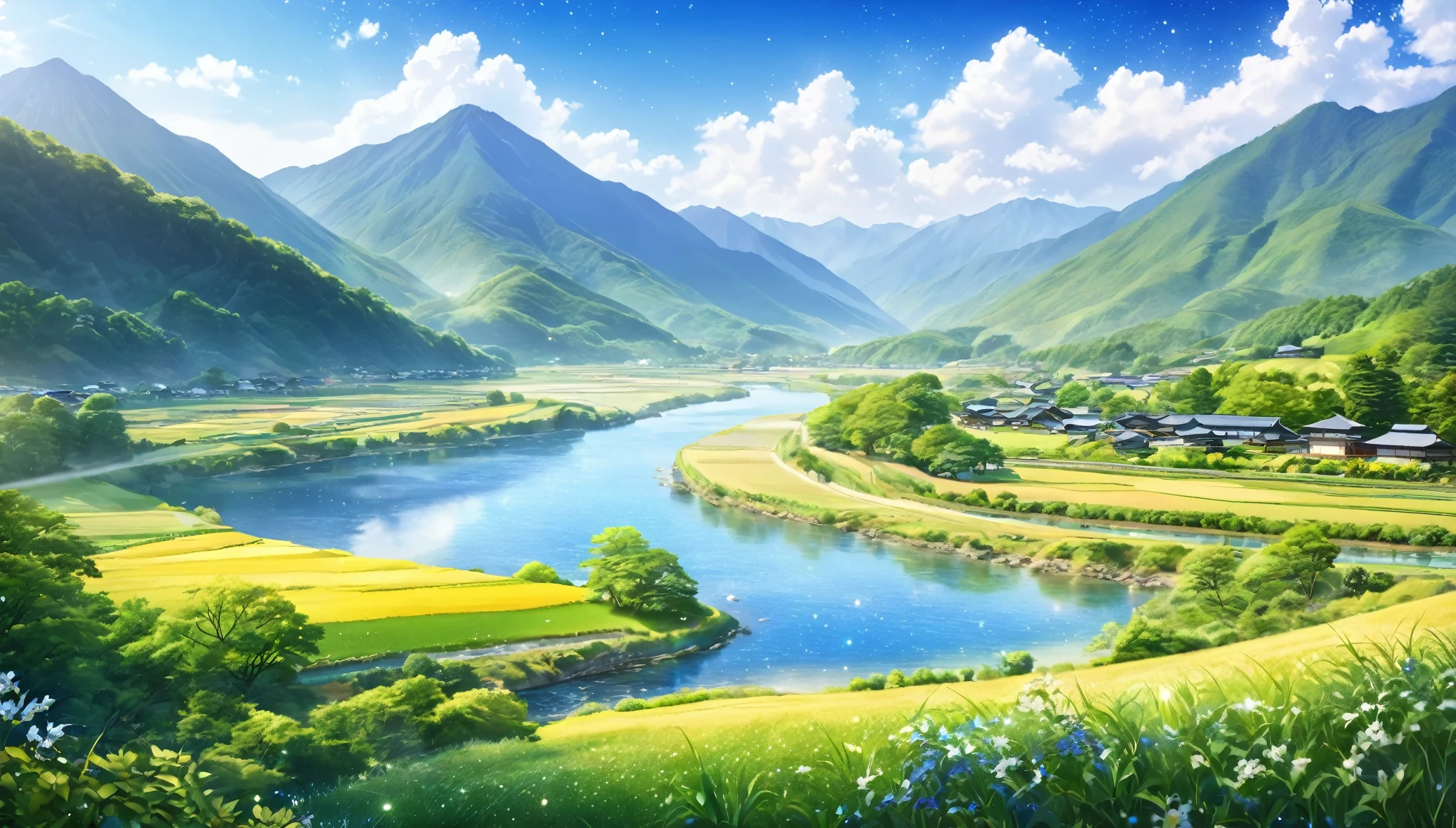 Japanese countryside,Beautiful Japan,Mountains and Rivers,Summer sky,Blur the background,Glitter effect,Highest quality, 8K, High resolution, masterpiece:1.2, Very detailed, Realistic:1.37, High resolution, 超High resolution, Ultra-fine painting, Very detailed, Professional, Vibrant colors