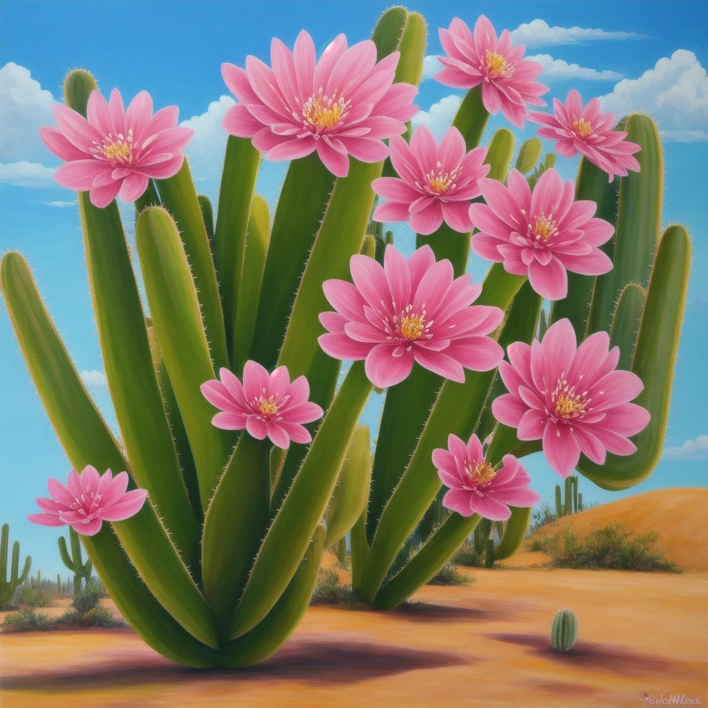 a painting of a cactus plant with pink flowers in the desert, an airbrush painting by Rodolfo Morales, trending on cgsociety, magic realism, cactus and flowers, beautiful detail and color, beautiful vibrant colors, ✏️🎨, beautiful!!!!!!!!!, 🌺 cgsociety, beautiful painting of a tall, beautiful colorful, beautiful and colorful, cactus