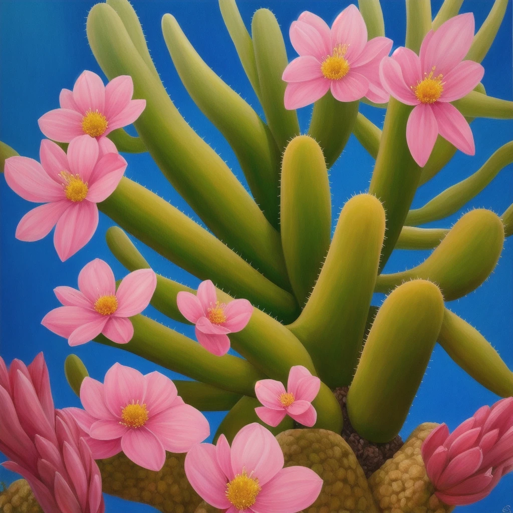 a painting of a cactus plant with pink flowers in the desert, an airbrush painting by Rodolfo Morales, trending on cgsociety, magic realism, cactus and flowers, beautiful detail and color, beautiful vibrant colors, ✏️🎨, beautiful!!!!!!!!!, 🌺 cgsociety, beautiful painting of a tall, beautiful colorful, beautiful and colorful, cactus