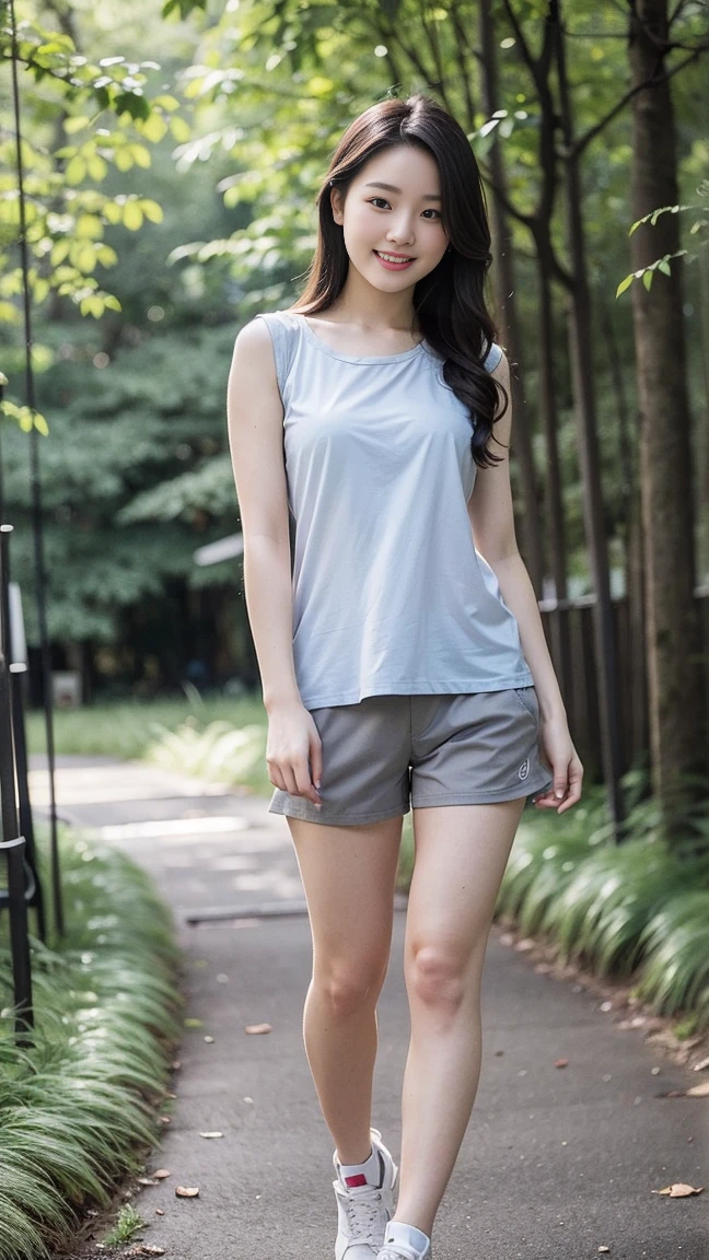 masterpiece, best quality, Surreal, Ultra Detailed, 8k resolution, RAW photos, Clear focus, (A girl in the forest), ((light gray shirt:1.1)), sleeveless, sports Shorts,Full body posture, Solitary, Perfect body, Become a, 32 inches in the chest,(a charming smile:1), (sexy pose),26 years old, light,White shoes