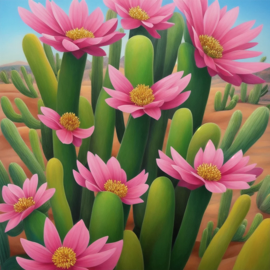 a painting of a cactus plant with pink flowers in the desert, an airbrush painting by Rodolfo Morales, trending on cgsociety, magic realism, cactus and flowers, beautiful detail and color, beautiful vibrant colors, ✏️🎨, beautiful!!!!!!!!!, 🌺 cgsociety, beautiful painting of a tall, beautiful colorful, beautiful and colorful, cactus