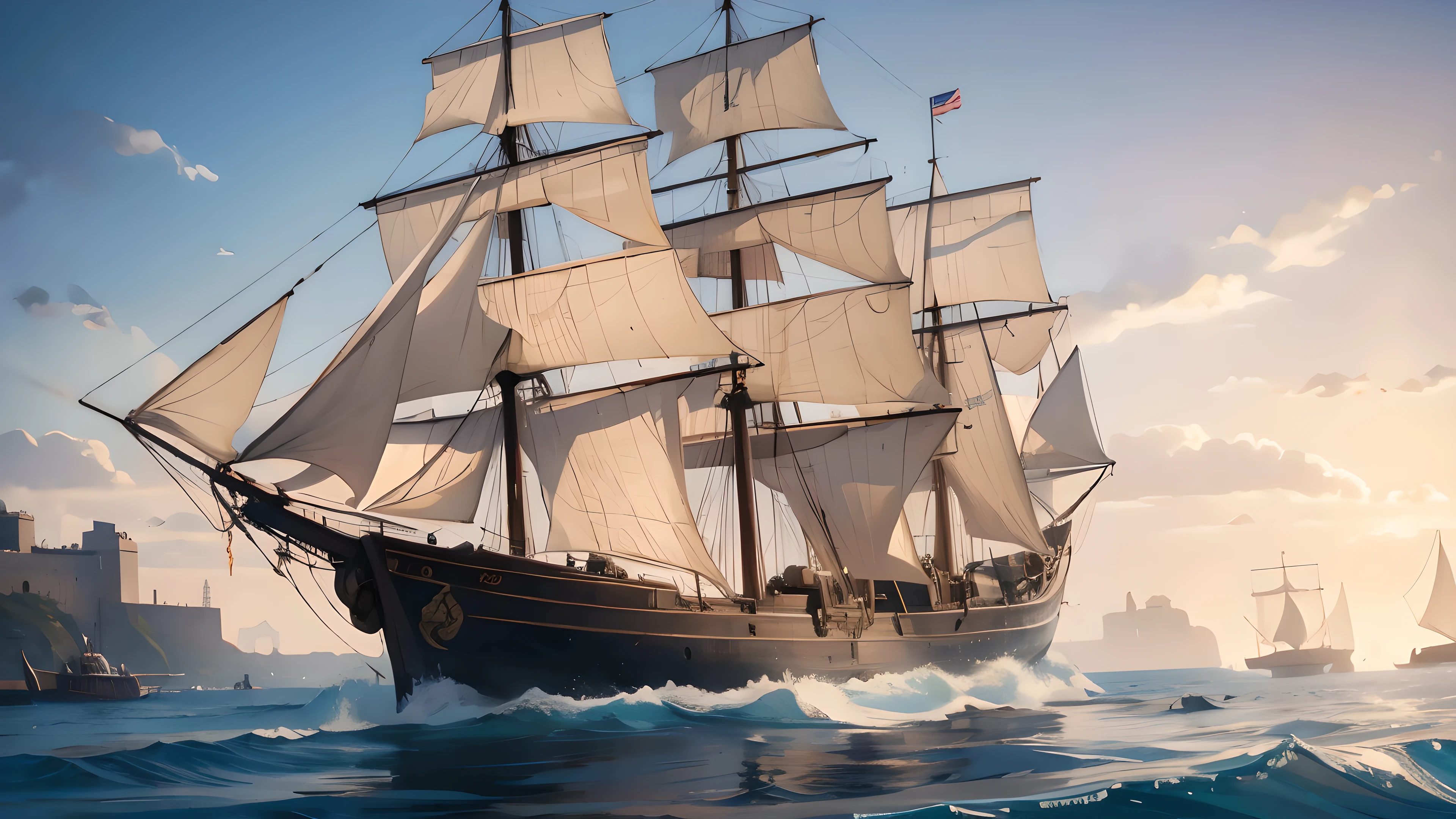 Masterpiece, medieval military ports, Sailing military ship, daytime