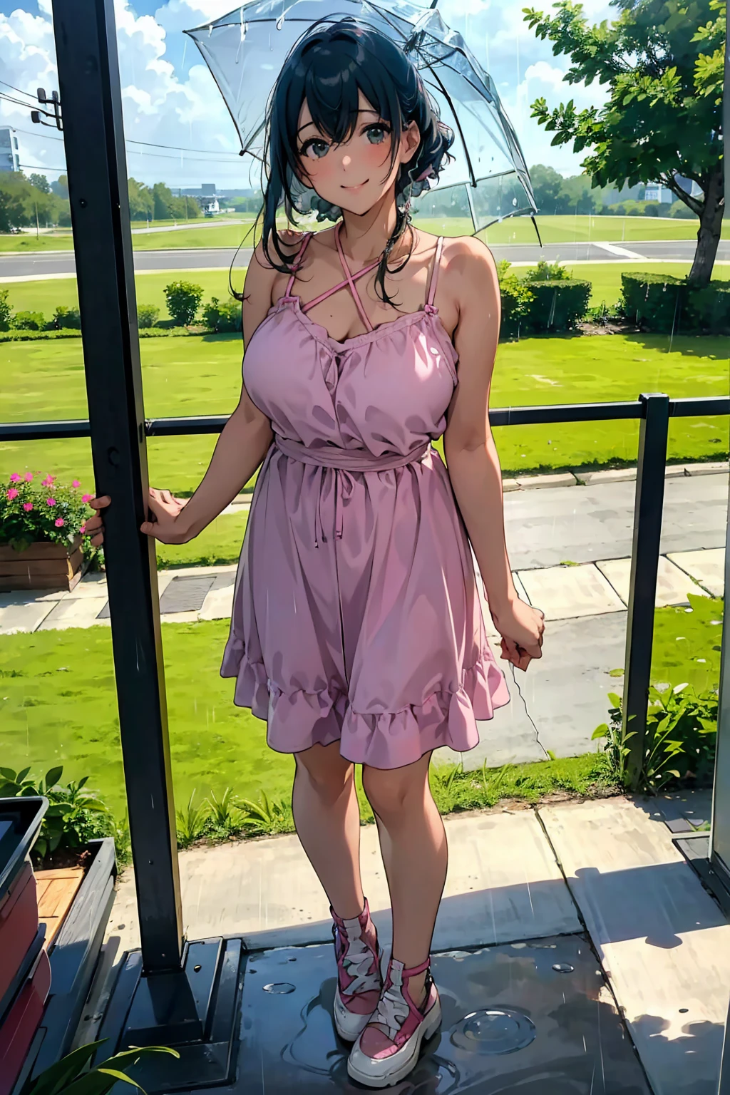 (a girl in summer clothes), pink, Camisole, random color, 25age, casual dress, making as if she wants to kiss you, (cute girl bending down looking at camera), large breasts, random hair color, random background, Vivid Photos, flirtatious look, ((very detailed)), (perfectly detailed face), cute face, (well detailed hand), photorealistic image, bus stop, bench,countryside, ((rain, bus stopでrain宿り)), (rainbow, A sky with a rainbow), レトロなbus stop, (slouch), ((A refreshing smile)), full body shot,