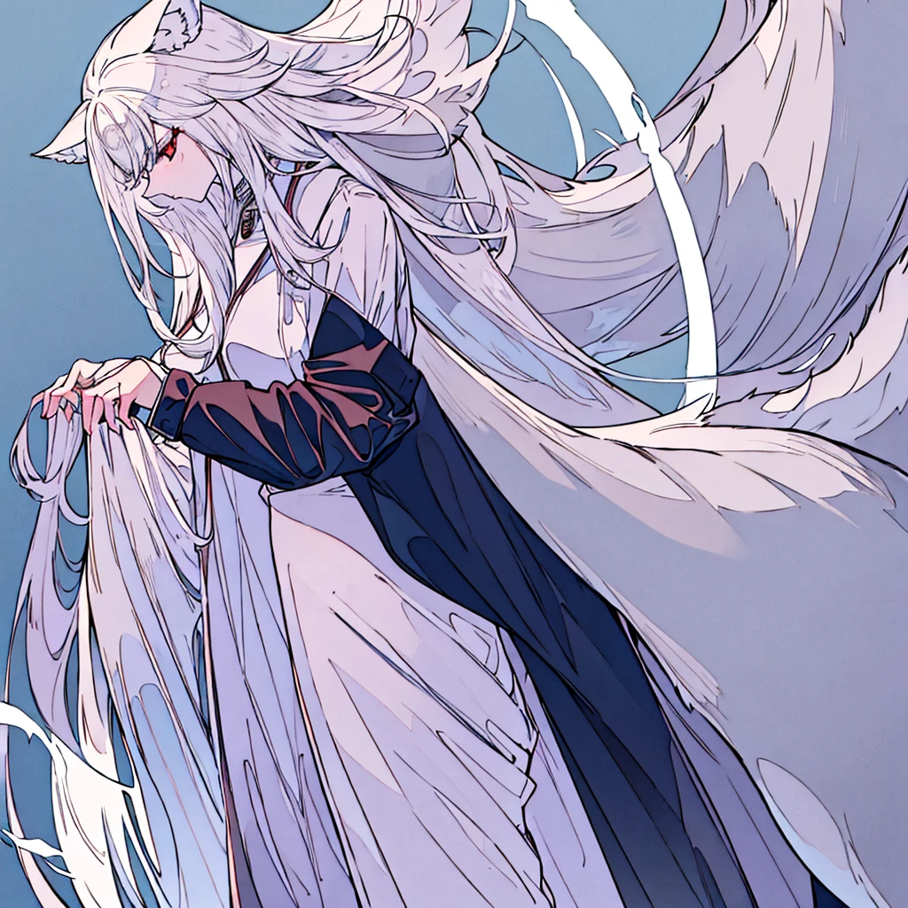 - Wolf woman wearing a white shirt with long sleeves.
- Black tight pants.
- Long, pointed wolf ears, White color.
- Short hair, white and messy, that reaches beyond your waist.
- Ojos rEyes o rosados, that stand out on his pale face.
- Cola peluda y larga que coincide con el color de su Hair blanco.
- Bare feet shaped like a wolf.
- A Woman with wolf ears and tail.
- big wolf ears - white hair - squinted eyes with red pupils and white eyelashes - slender body - black pants - A LONG FLUFFY wolf TAIL - slim appearance - intense look, haunting - White (Hair)
- Negro (pants)
- Red/rosado (Eyes)
- white (ears and tail)