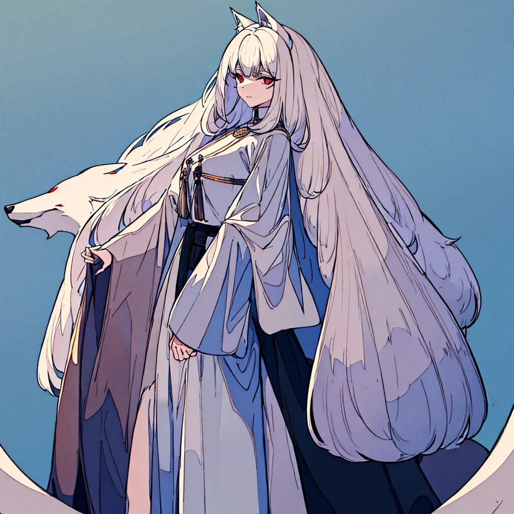 
- Wolf woman wearing a white shirt with long sleeves.
- Black tight pants.
- Long, pointed wolf ears, White color.
- Short hair, white and messy, that reaches beyond your waist.
- Ojos rEyes o rosados, that stand out on his pale face.
- Cola peluda y larga que coincide con el color de su Hair blanco.
- Bare feet shaped like a wolf.
- A Woman with wolf ears and tail.
- big wolf ears - white hair - squinted eyes with red pupils and white eyelashes - slender body - black pants - A LONG FLUFFY wolf TAIL - slim appearance - intense look, haunting - White (Hair)
- Negro (pants)
- Red/rosado (Eyes)
- white (ears and tail)