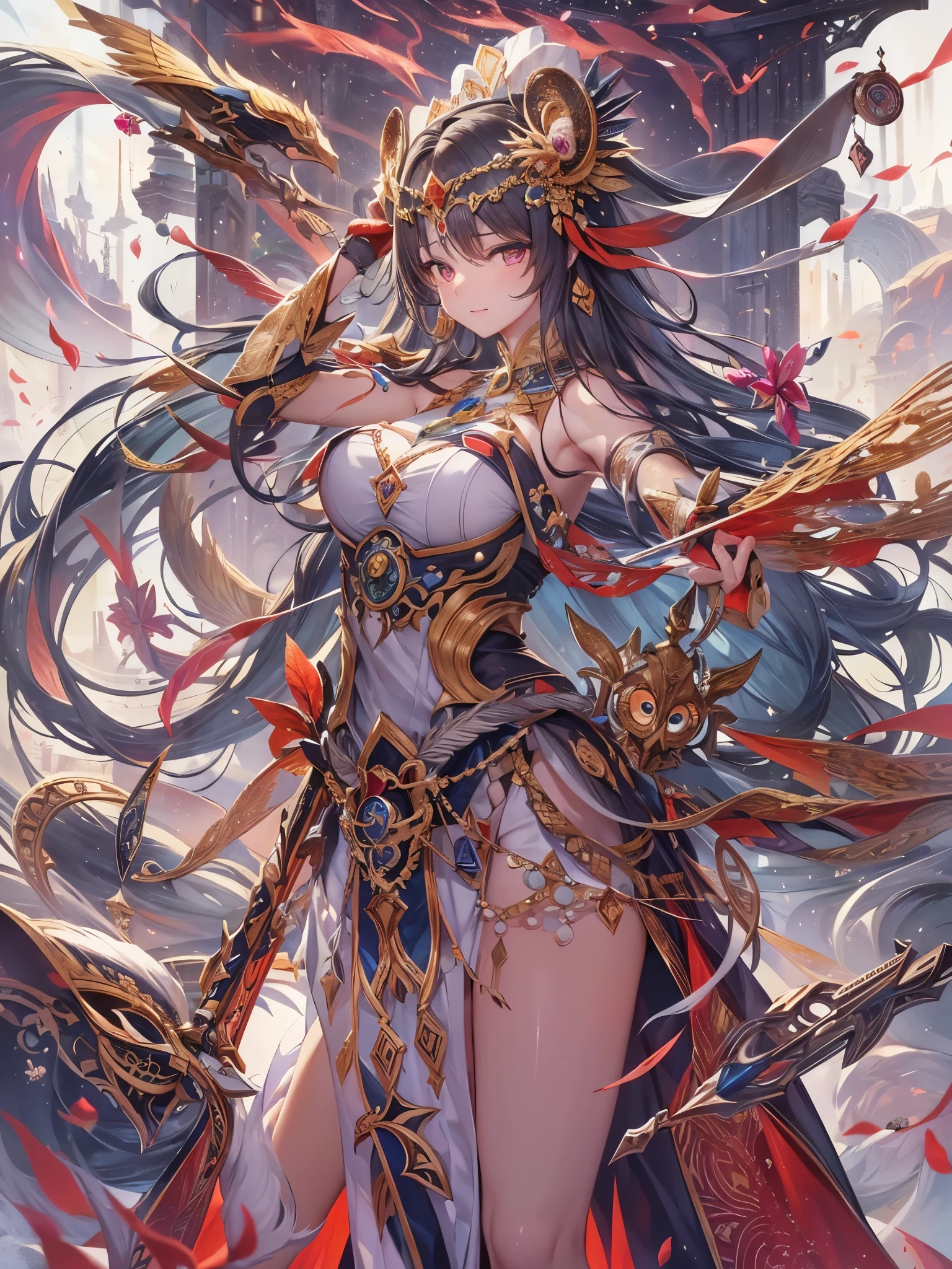 ((Highest quality)),(Ultra-high resolution),(Ultra-detailed new),(Detailed Description),((The best CG)),(masterpiece),Highly detailed art,A wonderful new art form,(Art with precise details:1.5), (War Goddess:1.3),(Frenzy Dance:1.3),sword,gun,Hoko,Bow and Arrow,snake,eagle,lion, Crushing, blasting, Flow, impact, sapphire,Ruby,Emerald,opal,amethyst