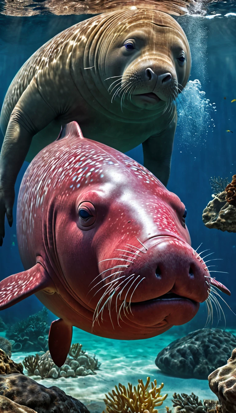 The best quality of the red dugong with a human face under the water,4K,8K,High level,masterpiece:1.2),Ultra Detailed,(lifelike,Photo real,Photo real:1.37),Highly detailed animals,Complex patterns,Realistic lighting,Fantasy Creatures
