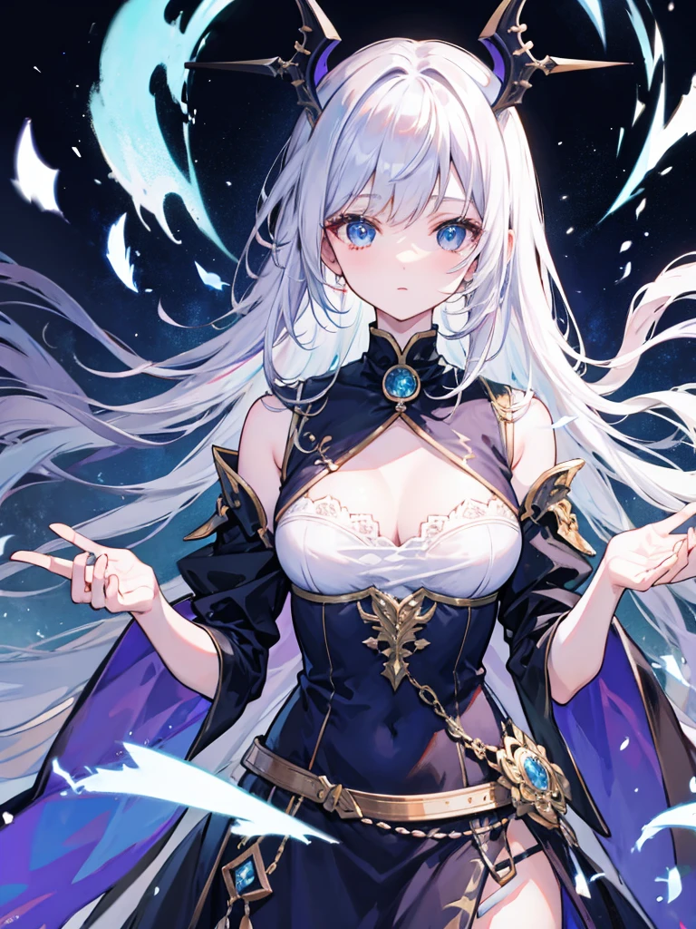 fantasy world girl with colorful hair, accessories, detailed clothes, white hair, dark blue eyes, blue and black clothes