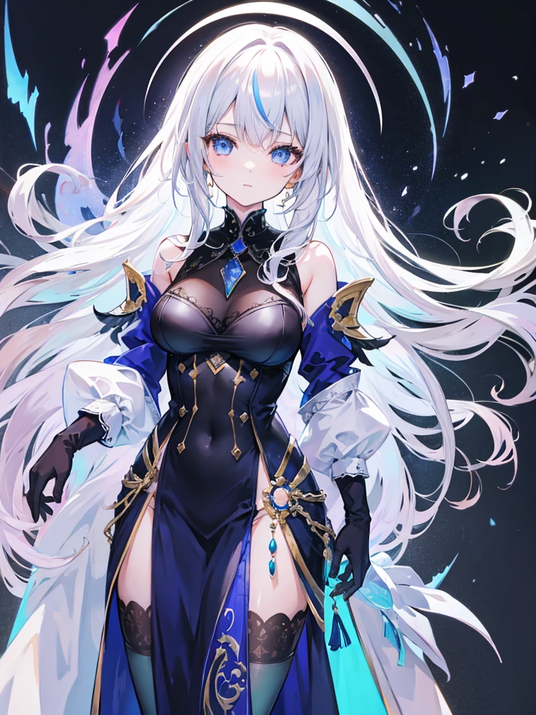 fantasy world girl with colorful hair, accessories, detailed clothes, white hair, dark blue eyes, blue and black clothes