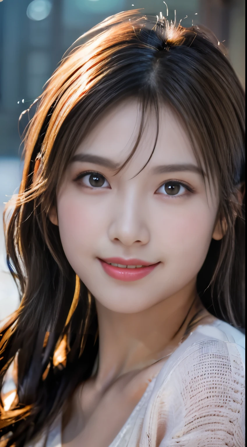 (logo, masterpiece, 8K, Tabletop, RAW Photos, wonderful, 最high quality, Photorealistic and very detailed CG composite 8k wallpaper, high quality, Very detailed, Narrative poem, Particle Effects, Dynamic Effects, Depth of the Boundary, Cinematic Light, Lens flare, Ray Tracing), short hair beautiful young woman, Hair tied back, high detail skin, very fine, fine skin texture, beautiful face, realistic eyes, beautifully detailed eyes, realistic skin, beautiful skin, surreal, smiling eyes, Hair and light eyes, Vibrant, Colorful lights and bokeh. The lighting casts a warm glow on her face and hair, Blue glow, Water surface reflection, Creates a dreamy and magical atmosphere, Big Breasts, Brown Hair, short hair, plump lower lip, pink blush on the cheeks , pink lips, brown tight no-shoulder knit sweater