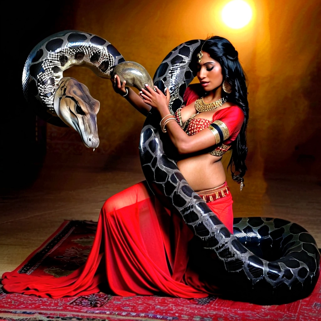  Pregnant  Happy Horny, aroused 1girl), beautiful kneeling indian young  belly dancer with  giant colossal black titanboa squeezing her hard, wrapped in thick spiraling coils, constricted, struggle, gasping for air, snake attack, snake peril, moonless night, dim light