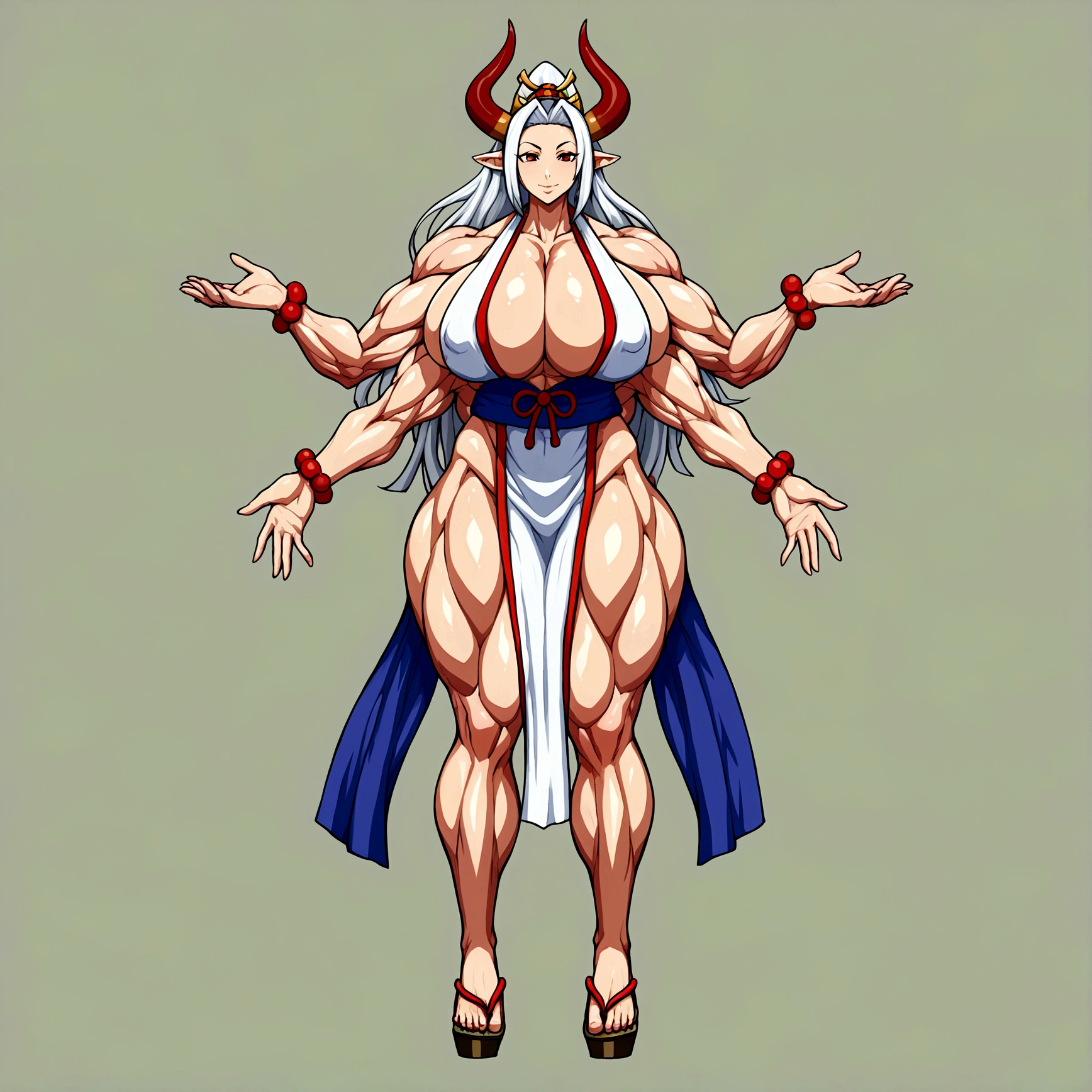 Yamato, extreme muscular body, huge breasts, shrine maiden outfit, 4 arms, full body.