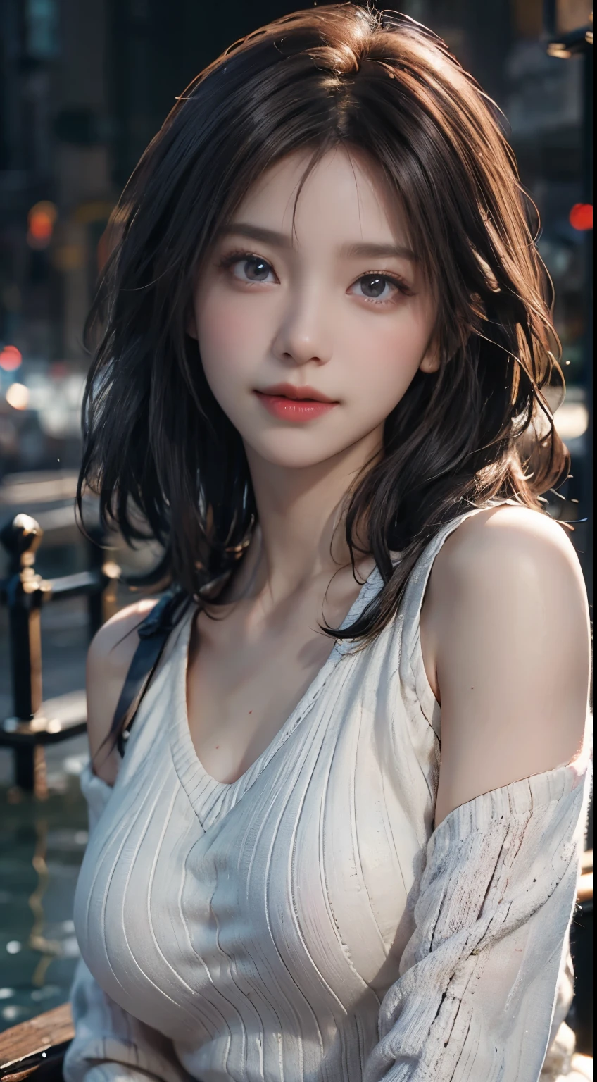 (logo, masterpiece, 8K, Tabletop, RAW Photos, wonderful, 最high quality, Photorealistic and very detailed CG composite 8k wallpaper, high quality, Very detailed, Narrative poem, Particle Effects, Dynamic Effects, Depth of the Boundary, Cinematic Light, Lens flare, Ray Tracing), short hair beautiful young woman, Hair tied back, high detail skin, very fine, fine skin texture, beautiful face, realistic eyes, beautifully detailed eyes, realistic skin, beautiful skin, surreal, smiling eyes, Hair and light eyes, Vibrant, Colorful lights and bokeh. The lighting casts a warm glow on her face and hair, Blue glow, Water surface reflection, Creates a dreamy and magical atmosphere, Big Breasts, Brown Hair, short hair, plump lower lip, pink blush on the cheeks , pink lips, brown tight no-shoulder knit sweater