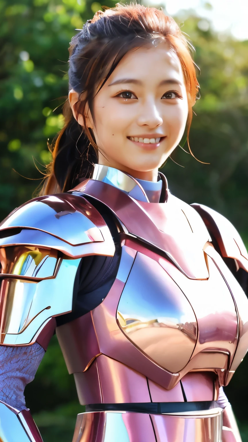 A beautiful 25 year old Japanese woman wearing pink thick metal powered armor:1.5,、smile、Japanese, ponytail, Clear Glass, whole body,Big Breasts:1.5