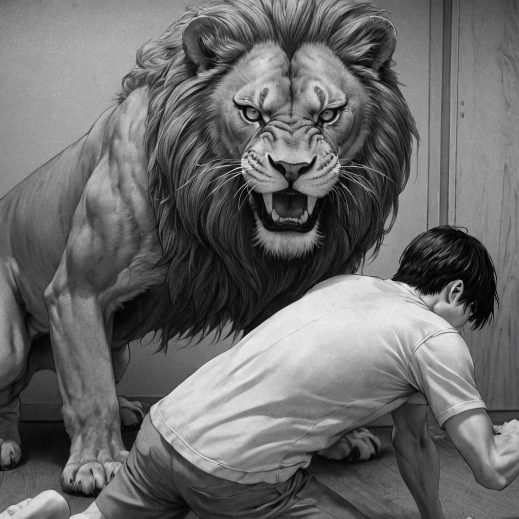 man, fighting a lion, (anime), bizarre scenario, This is Junji, Yusuke Murata, black and white, 8K, anime, horror